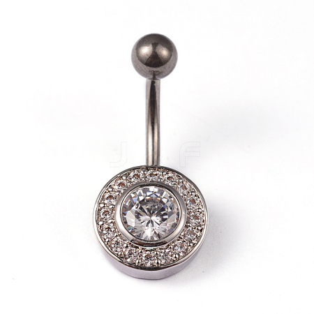 Flat Round Titanium Steel Micro Pave Cubic Zirconia Belly Rings AJEW-F019-15-1