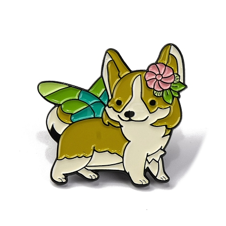 Creative Cartoon Cute Flower Corgi Dog Zinc Alloy Brooches JEWB-U001-01C-1