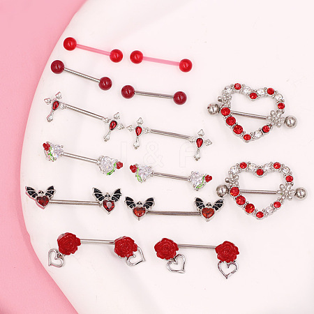 7 Styles Heart Rose Alloy Rhinestone Nipple Nail Ring Sets WG88B60-02-1