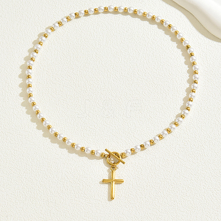 Stainless Steel Imitation Pearl Style Cross Pendant Vintage Necklace for Women NQ9987-1-1