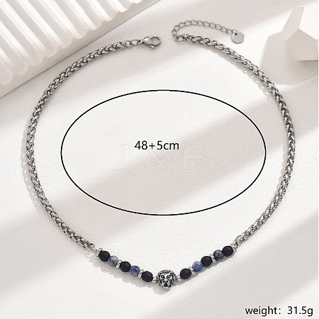 Vintage Stainless Steel Lion Head Blue Spot Jasper Beaded Necklaces for Daily Wear RE8063-2-1