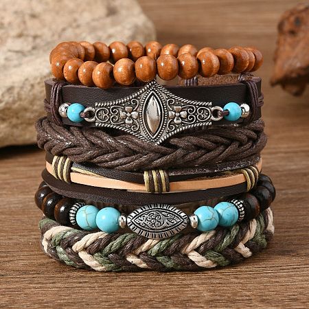 6Pcs 6 Styles Wood & Synthetic Turquoise Beaded Stretch Bracelets & Alloy Synthetic Turquoise Link Bracelets & Retro PU Leather Cord Bracelets for Men's FS-WG129F8-07-1