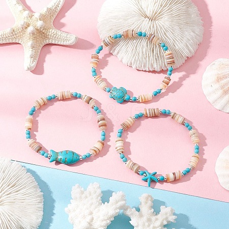 3Pcs Natural Freshwater Shell Beaded Stretch Bracelets BJEW-JB11804-1