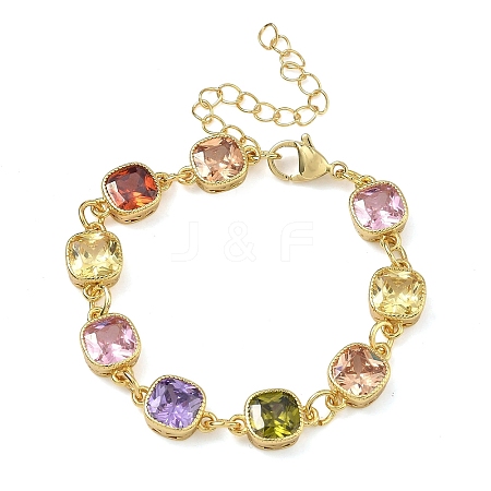 Square Brass Pave Cubic Zirconia Link Chain Bracelets for Women BJEW-P385-08G-1