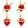 6Pcs 2 Styles Brass FireBrick Cubic Zirconia Rose Heart with Sword/Sacred Heart of Jesus Connector Charms KK-BBC0020-10-1