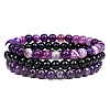 3Pcs 3 Style Natural Amethyst & Black Agate Round Beaded Stretch Bracelets Set PW23030763036-1