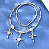 Brass Micro Pave Clear Cubic Zirconia Cross Pendant Round Beaded Bib Necklaces for Women NJEW-F364-04P-1