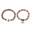 2Pcs Natural Rhodonite & Unakite & White Jade & Polychrome Jasper & Rose Quartz Round Beaded Stretch Bracelets BJEW-JB11953-2