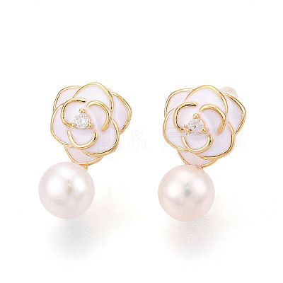 Flower Brass Natural Pearl Dangle Stud Earrings PEAR-N020-06V-1