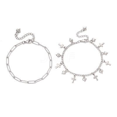 304 Stainless Steel Paperclip & Figaro Chain Bracelets for Women BJEW-JB12445-01-1