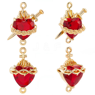 6Pcs 2 Styles Brass FireBrick Cubic Zirconia Rose Heart with Sword/Sacred Heart of Jesus Connector Charms KK-BBC0020-10-1