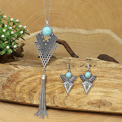 Alloy with Synthetic Turquoise Pendant Necklaces & Dangle Earrings Sets FS-WG5ED6E-01-1