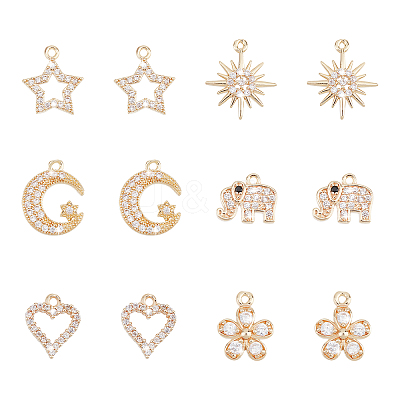 12Pcs 6 Style Rack Plating Brass Micro Pave Cubic Zirconia Charms ZIRC-AR0001-17-1