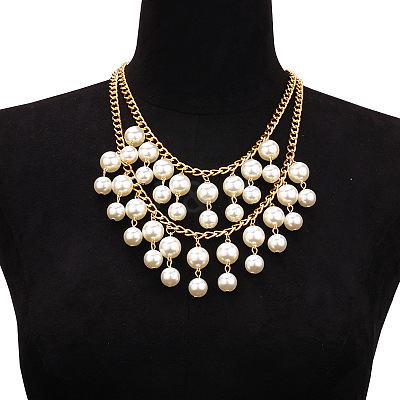 Alloy & Plastic Imitation Pearl Round Beaded Double Layer Tassel Bib Necklaces for Women FS-WG430C8-03-1