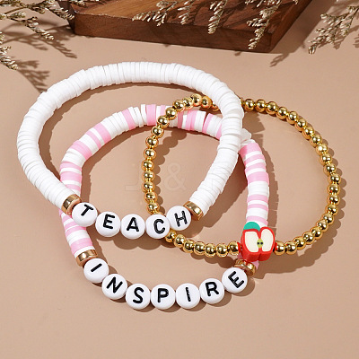 Teachers' Day Plastic Letter Inspire Teach Polymer Clay Heishi Beaded Stretch Bracelet Sets IE3330-3-1