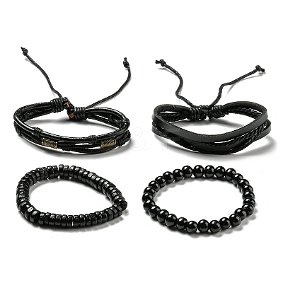 4Pcs 4 Style Adjustable Braided Imitation Leather Cord Bracelets Set BJEW-F458-07-1