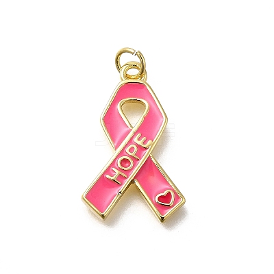 October Breast Cancer Pink Awareness Ribbon Brass Enamel Pendants KK-S517-04H-G-1