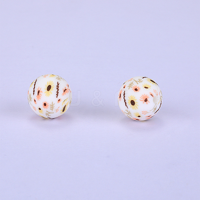 Printed Round with Sunflower Pattern Silicone Focal Beads SI-JX0056A-210-1