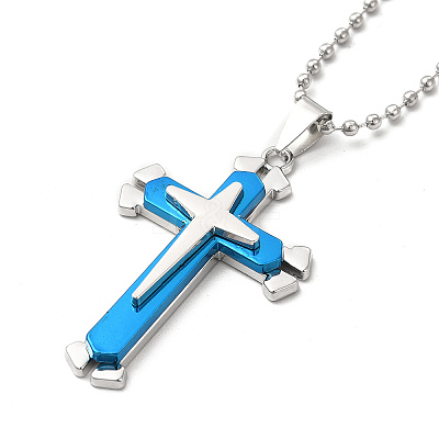 Alloy Cross Pandant Necklace with Ball Chains NJEW-K245-001A-1