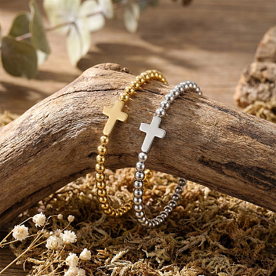 2Pcs Brass & 304 Stainless Steel Beads Stretch Bracelets Set EI7625-1-1