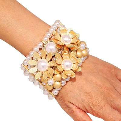 Flower Alloy & ABS Plastic Pearl Bangles for Women FS-WG764D9-01-1