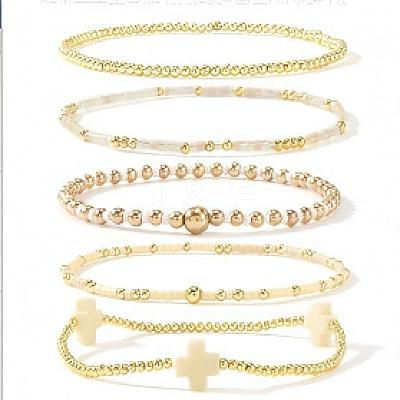5Pcs 5 Styles Handmade Brass & Glass Beads Stretch Bracelet Set OI0028-9-1