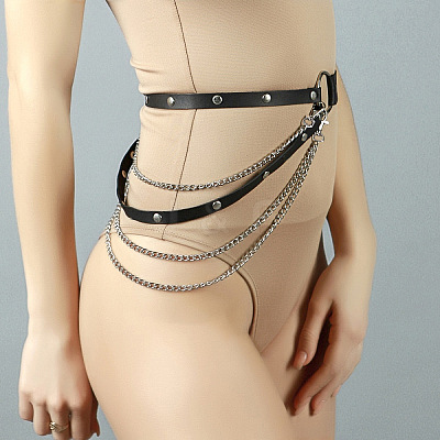 Black Imitation Leather Alloy Curb Chain Multi-Layered Tassel Waist Belly Chains for Women FS-WG2D7EC-01-1