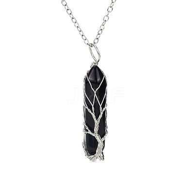 Natural Black Onyx(Dyed & Heated) Double Terminal Pointed Faceted Bullet Copper Wire Wrapped Tree of Life Pendant Alloy Chain Necklaces FS-WG07FDC-07-1