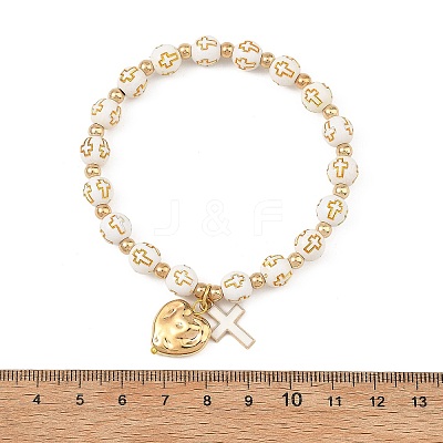 2Pcs 2 Colors Acrylic Beads & Alloy Enamel Cross & CCB Plastic Heart Stretch Charm Bracelet Sets for Women BJEW-JB14200-1