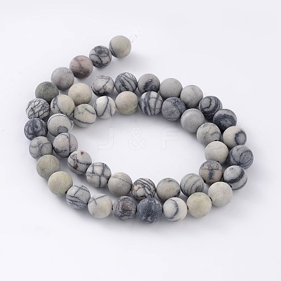 Round Frosted Natural Black Silk Stone/Netstone Bead Strands X-G-M248-8mm-03-1