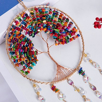 Copper Wire Wrapped Tree of Life Plastic Imitation Stone Beads Suncatchers HJEW-F027-11-1