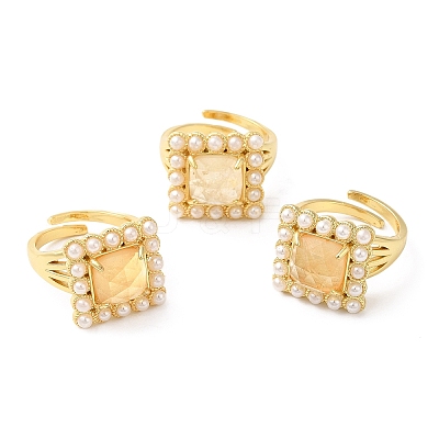 Ion Plating(IP) Natural Mixed Gemstone Square Adjustable Ring with Plastic Pearl Beaded RJEW-E075-04G-1