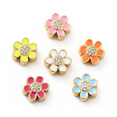 Flower Brass Micro Pave Clear Cubic Zirconia Beads KK-G419-06G-1