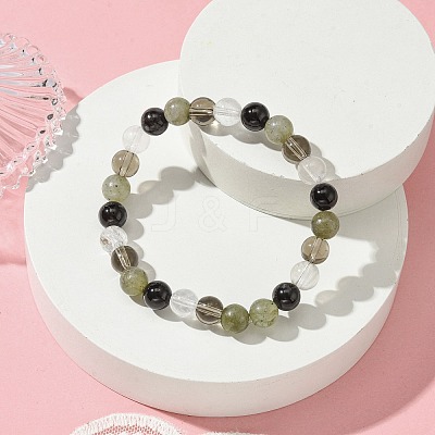 Synthetic Smoky Quartz & Labradorite & Quartz Crystal & Obsidian Round Beaded Stretch Bracelets BJEW-JB10910-11-1