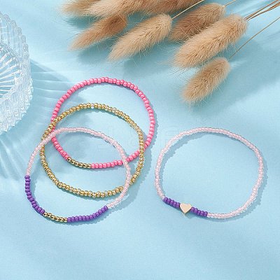 4Pcs 4 Style Brass Heart & Glass Seed Beaded Stretch Bracelets Set BJEW-JB09537-1