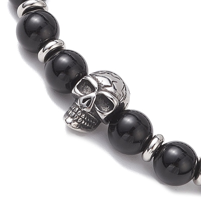 Natural Eyeless Obsidian and Malaysia Jade Stretch Bracelets BJEW-JB12184-1