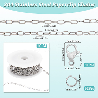 10M 304 Stainless Steel Paperclip Chains wih 50Pcs Open Jump Rings with 20Pcs Lobster Claw Clasps FIND-SC0012-56B-1
