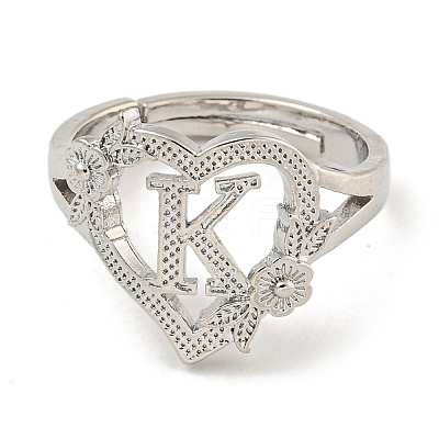 Heart with Letter & Flower Rack Plating Brass Adjustable Rings for Women RJEW-I105-05P-K-1