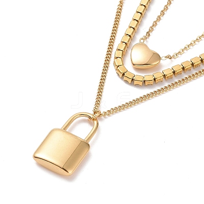 Crystal Rhinestone Heart & Word Love You Padlock Charms Triple Layer Necklace NJEW-C036-07G-1