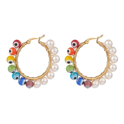 Shell Pearl & Evil Eye Lampwork Beaded Hoop Earrings EJEW-TA00115-1