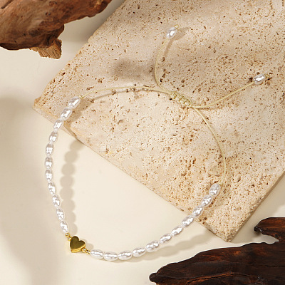 Bohemian Imitation Pearl Bead Braided Bead Bracelets for Women. with Non-magnetic Hematite Heart Charm RI6613-1