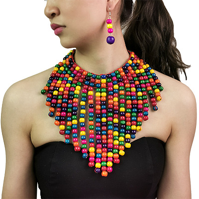 Bohemian Style Wood Round Beaded Pendant Necklaces & Dangle Earrings Sets FS-WG26D1A-01-1