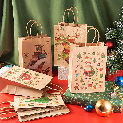8Pcs 8 Styles Christmas Theme Printed Kraft Paper Bags with Handles ABAG-TA0001-59-1