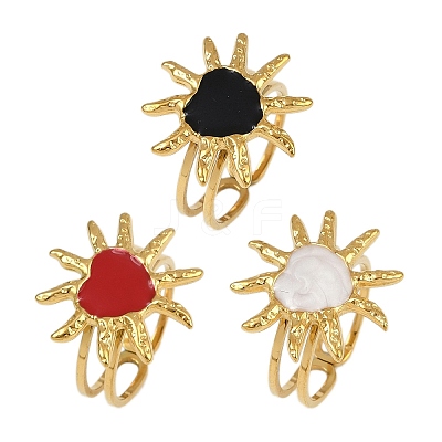 Heart Sun 304 Stainless Steel Enamel Finger Rings for Women RJEW-G355-08G-1