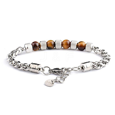 Natural Tiger Eye Beaded Bracelets with Stainless Steel Wheat Chains WG95907-01-1