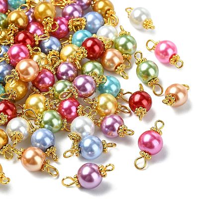 100Pcs 10 Styles Round Baking Paint Pearlized Glass Pearl Connector Charms PALLOY-CJ00118-1