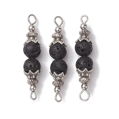 Natural Lava Rock Round Beaded Connector Charms PALLOY-JF02715-1