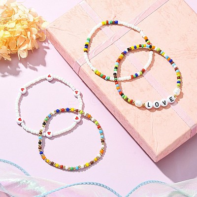 4Pcs 4 Styles Love Theme Glass Seed Beaded Stretch Bracelets Sets BJEW-TA00323-1