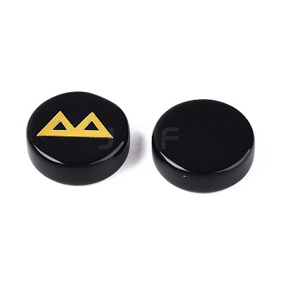 Brass Elder Futhark Alphabet Engraved Symbol Flat Round Natural Obsidian Rune Stones G-I373-01H-1