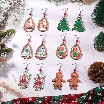 Christmas Printed Wood Dangle Earrings EJEW-JE06518-1